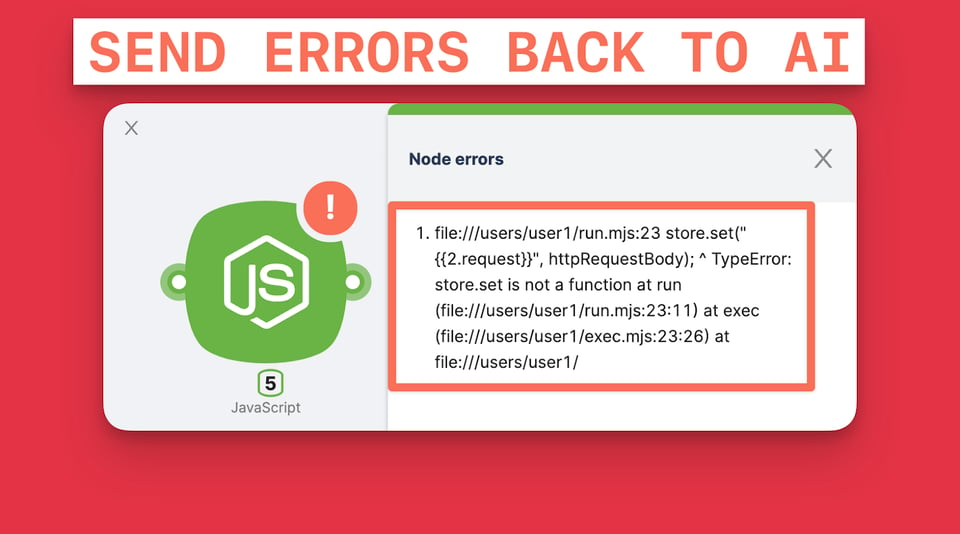 Uma janela pop-up que apresenta erros de nó JavaScript, sugerindo problemas no bloco de código. O cabeçalho da janela diz "ENVIA OS ERROS DE VOLTA PARA A IA" em letras vermelhas. Dentro da janela, há um ícone JavaScript com um ponto de exclamação e um rótulo '5'. Abaixo está uma mensagem de erro: TypeError, indicando que 'store.set' não é uma função no ficheiro e na linha de código especificados