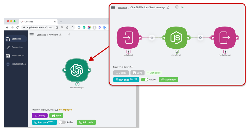 Captura de ecrã que destaca uma ação "Enviar mensagem" num cenário de automatização Latenode , com NodulInput, processamento JavaScript e NodulOutput